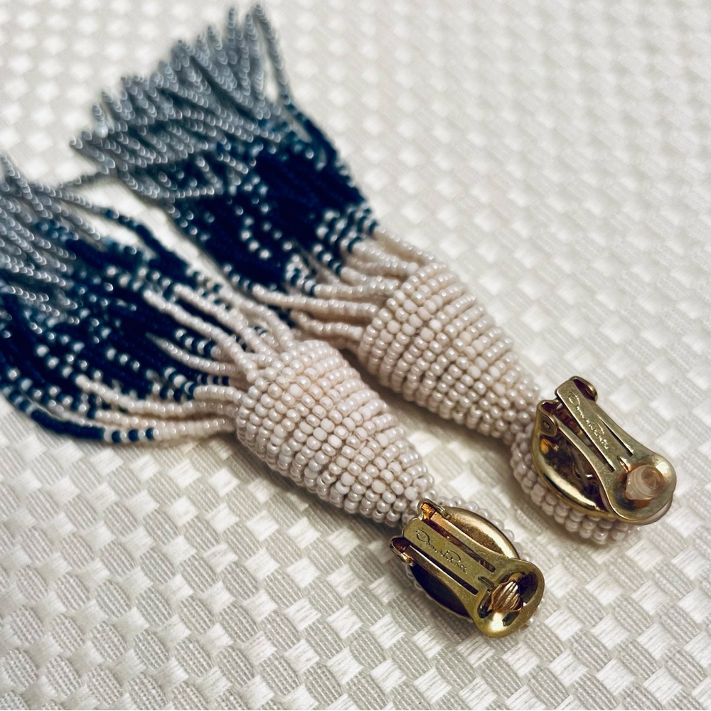 Oscar de la Renta Classic Long Tassel Clip-On Earrings - Cream/Navy/Silver - Picture 5 of 7